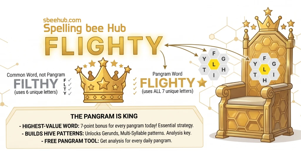 NYT Spelling Bee pangram today — a word using all 7 puzzle letters highlighted in the hive