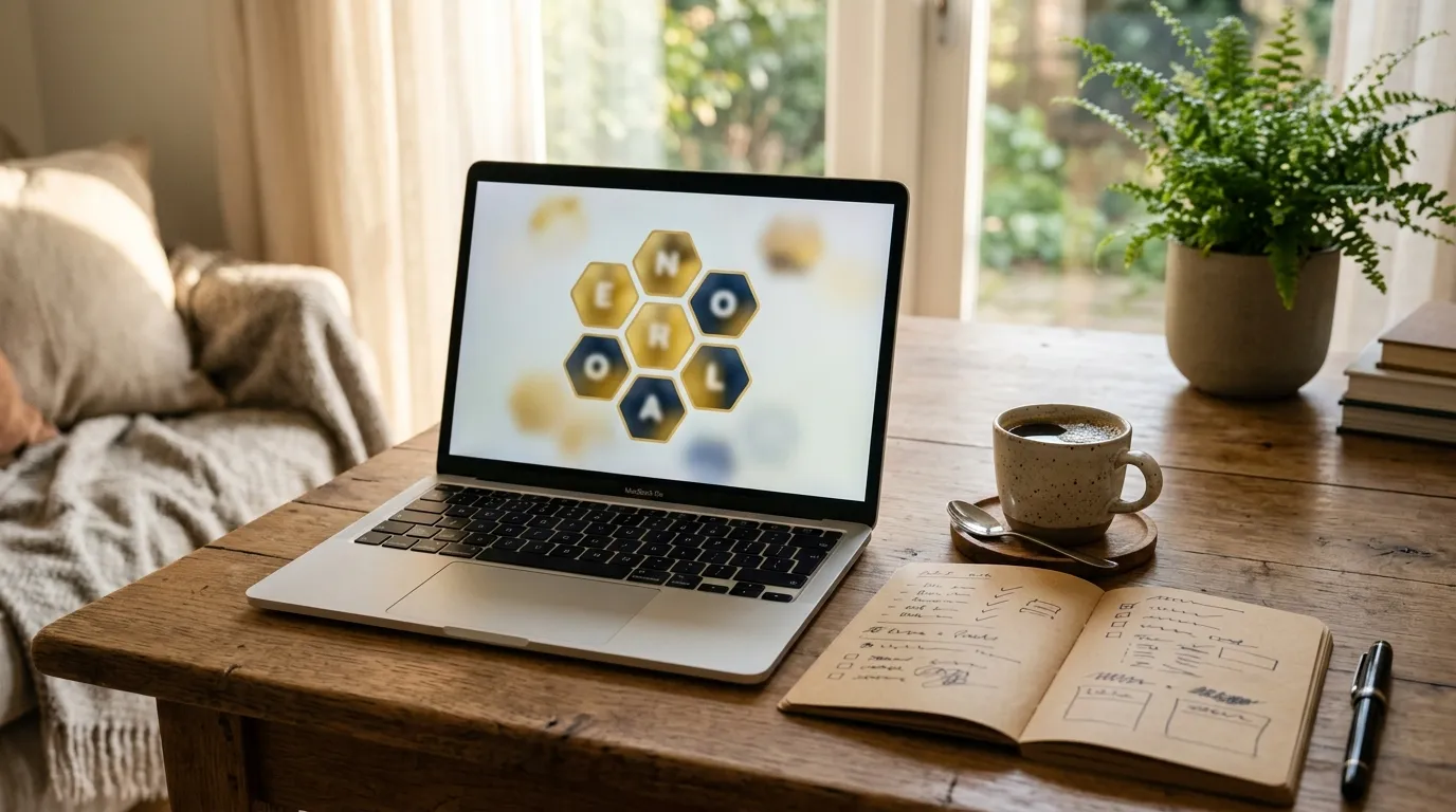 A cozy morning desk setup featuring a laptop with a honeycomb puzzle, a cup of coffee, and a notebook for tracking the 15-minute Genius workflow.