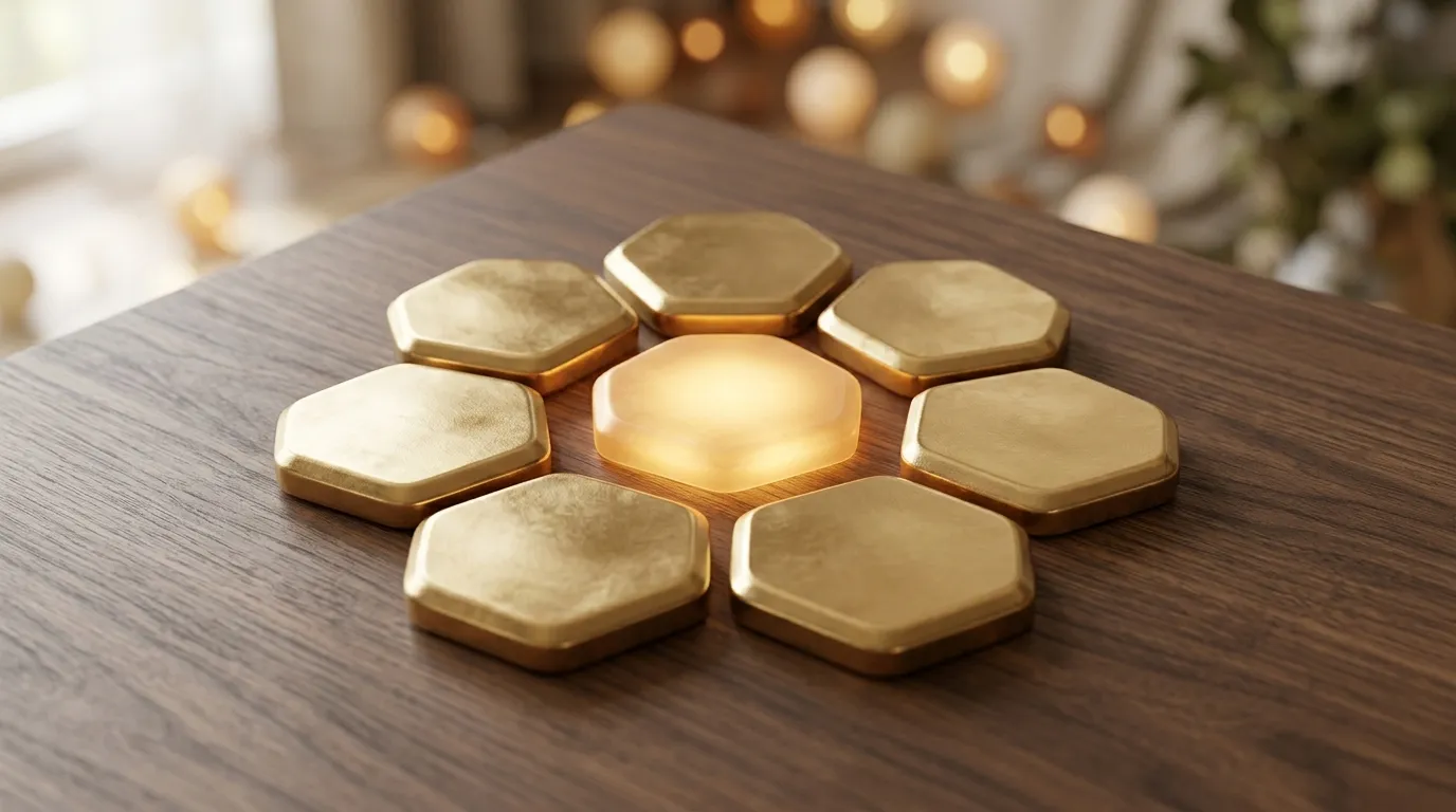 Seven golden letter tiles arranged in a hex with a glowing center tile, representing the Spelling Bee pangram.