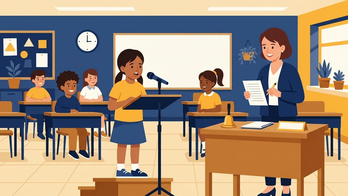 Teacher pronouncing a word while a student spells at a microphone in a classroom spelling bee