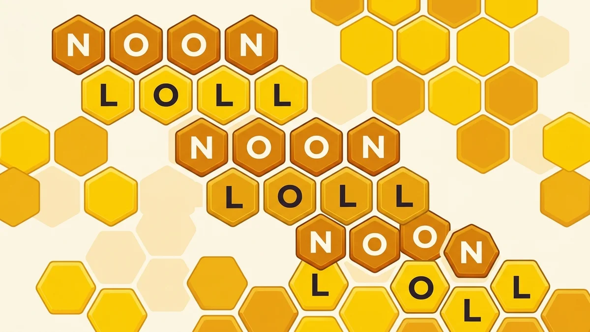 Illustration of repeated words NOON and LOLL in spelling bee honeycomb tiles