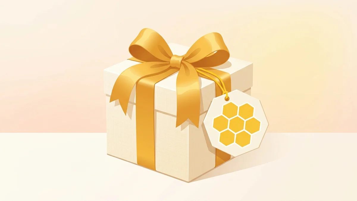 Wrapped gift box with a generic honeycomb tag representing an NYT Games gift subscription for Spelling Bee fans