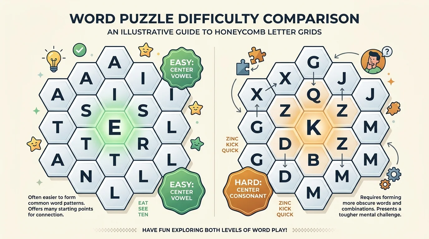 Diagram of hard center letter spelling bee difficulty versus easy vowel center
