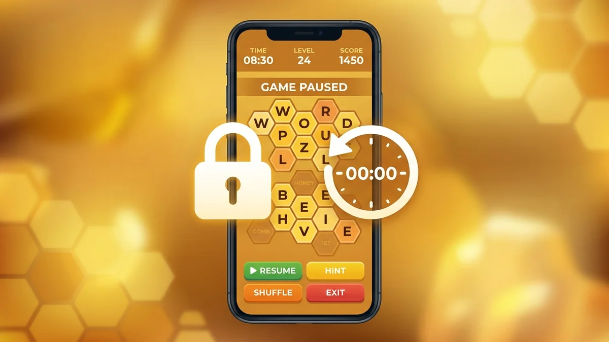 Illustration of phone showing a word game paused mid-puzzle, explaining why Spelling Bee stops