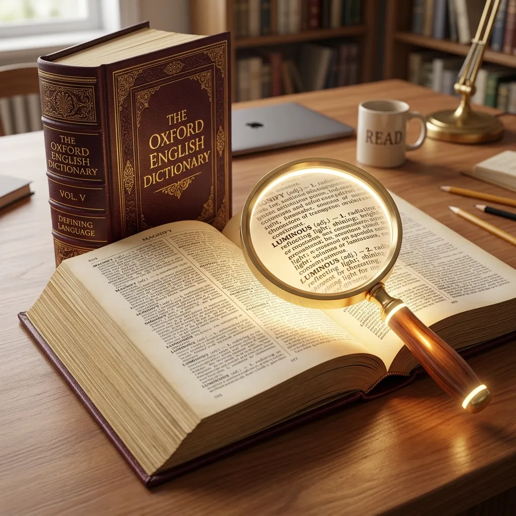 Thick dictionary book with magnifying glass