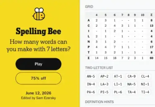 NYT Spelling Bee page with Spelling Bee Buddy hints panel on the right side