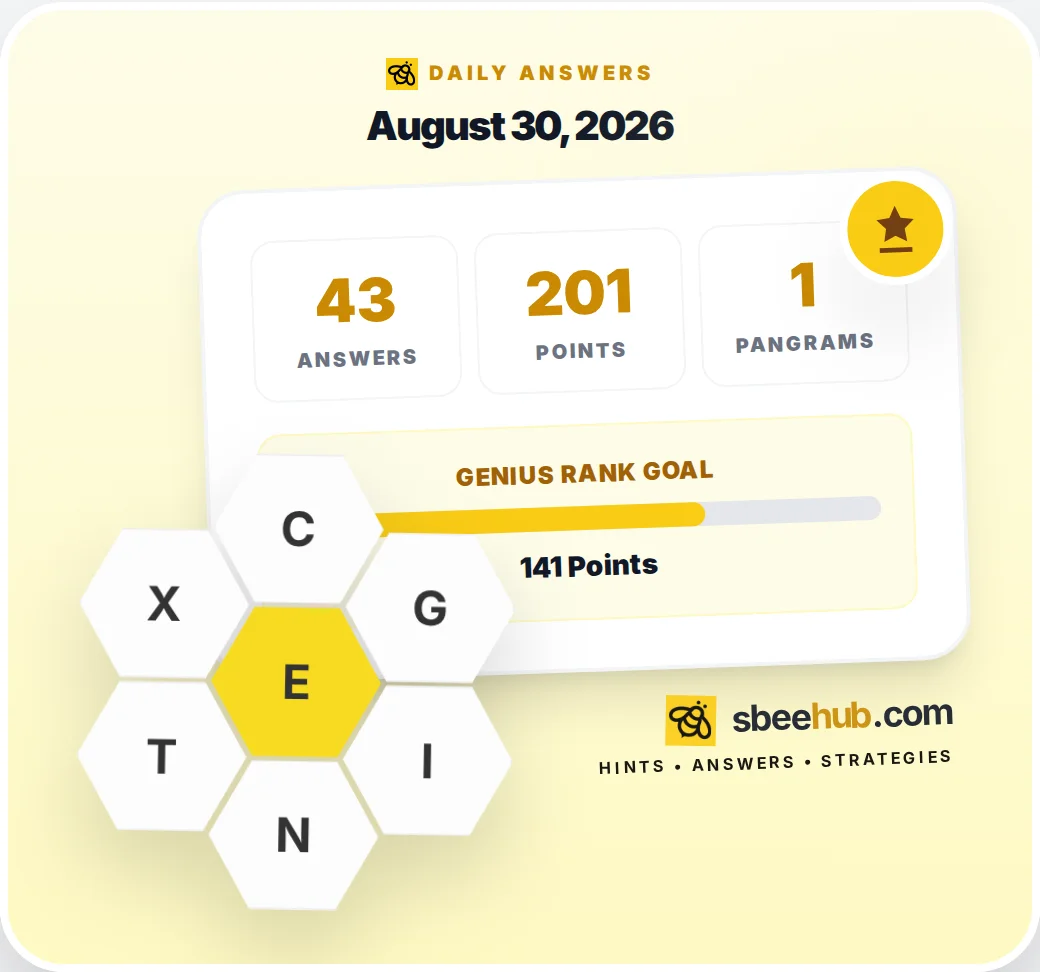 Spelling Bee hive for August 30, 2026 with center letter E