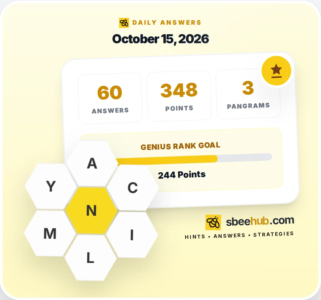 Spelling Bee hive for October 15, 2026 with center letter N