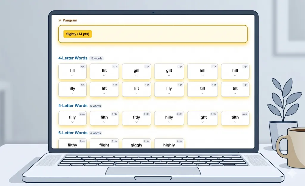 Complete NYT Spelling Bee answers today displayed by word length in an organized card layout