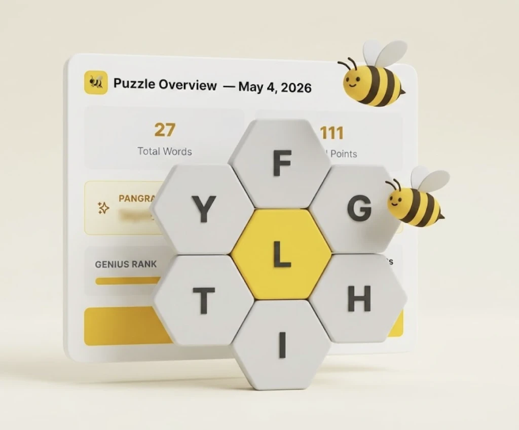 NYT Spelling Bee Hub interface showing today's hive
