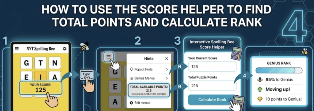 Visual guide showing how to find the total points in the NYT puzzle to use in the genius score calculator