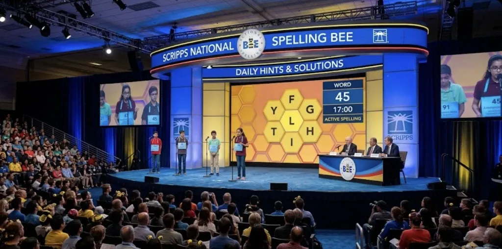 The Scripps National Spelling Bee stage with students competing in the national finals