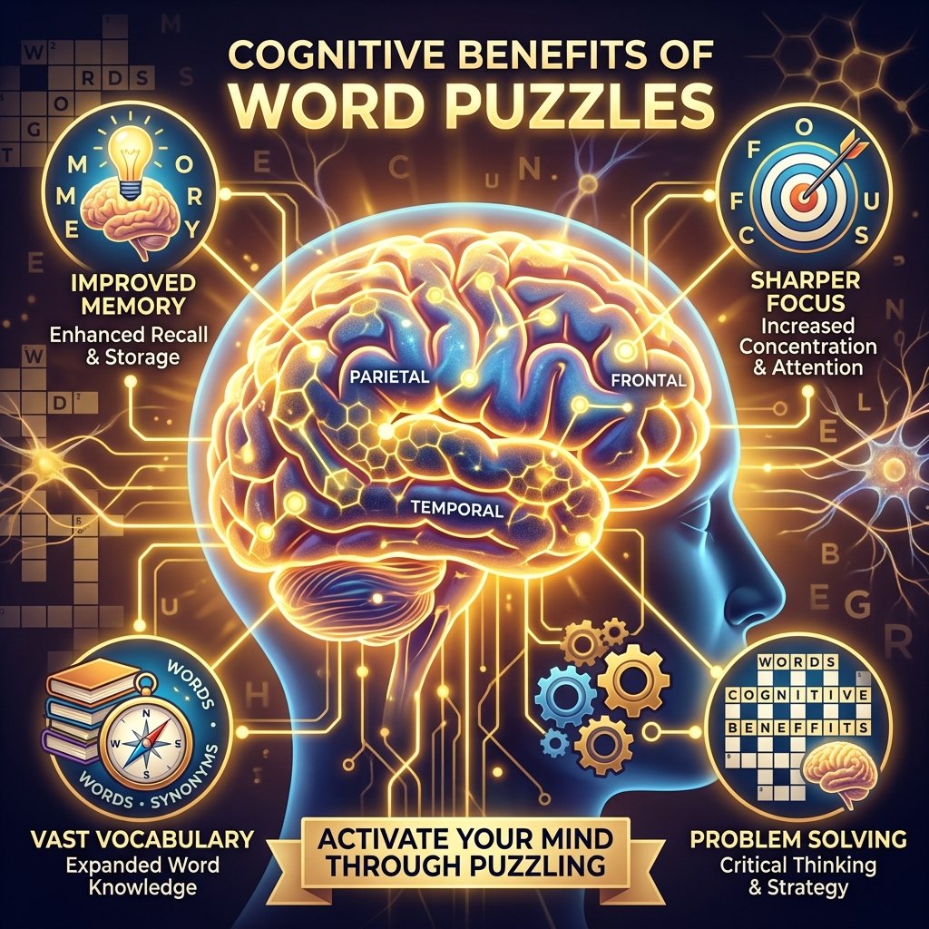 Brain science illustration showing cognitive benefits of word puzzles
