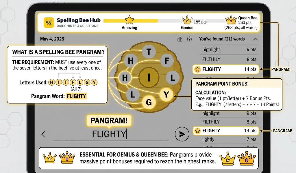 Visual guide showing a spelling bee pangram highlight in the NYT puzzle interface